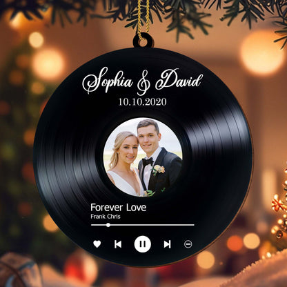 Forever Love Vinyl Record Wedding Ornament - Personalized Custom Wood Ornament, Custom Shaped - CPL110_WDO