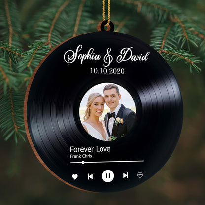 Forever Love Vinyl Record Wedding Ornament - Personalized Custom Wood Ornament, Custom Shaped - CPL110_WDO