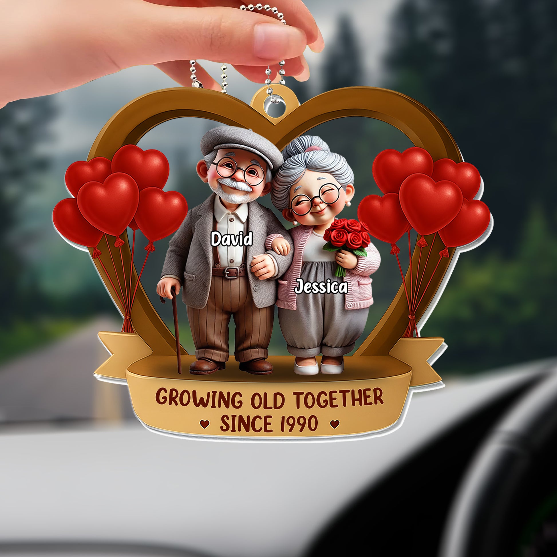 Growing Old Together, Elderly Couple With Hearts And Balloons