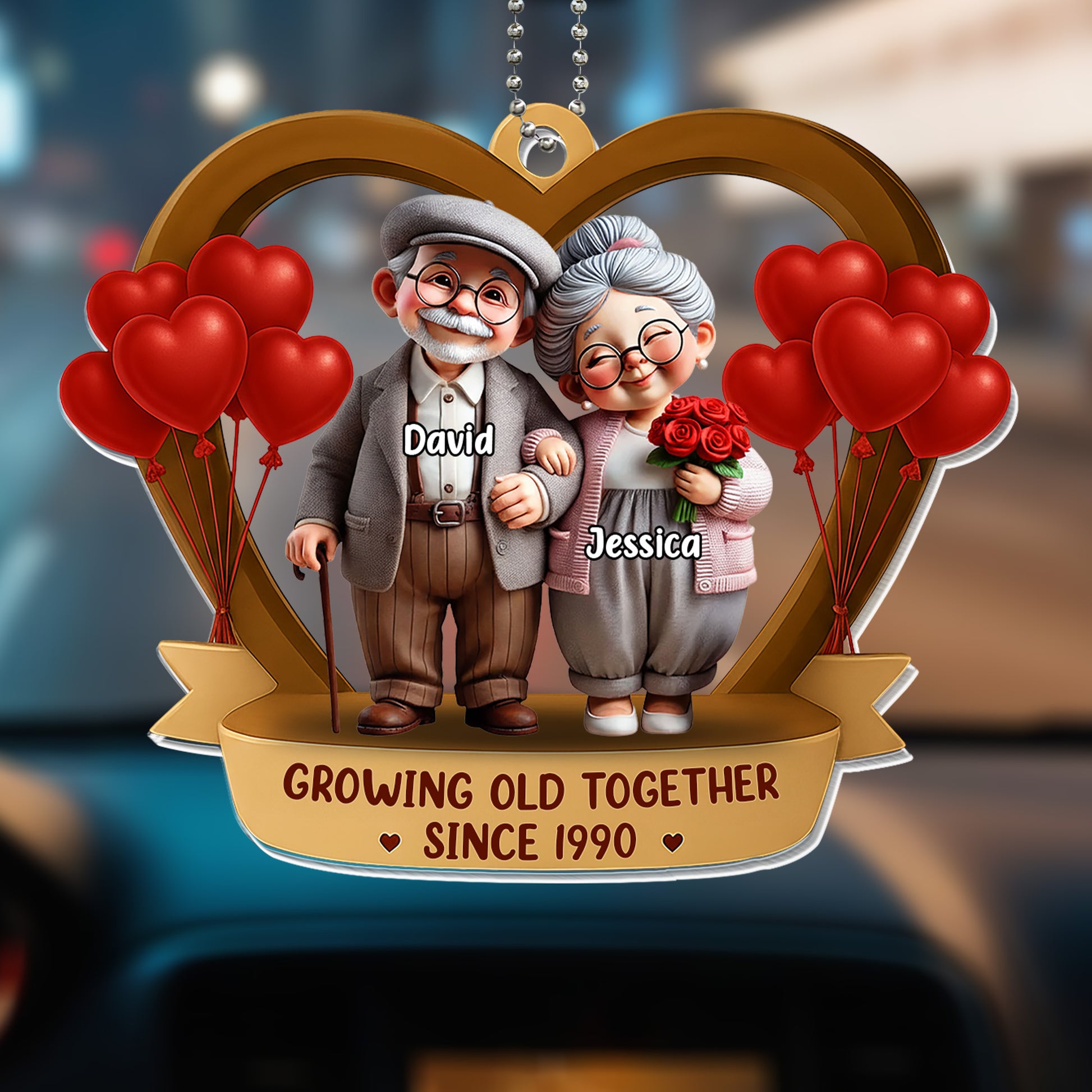 Growing Old Together, Elderly Couple With Hearts And Balloons