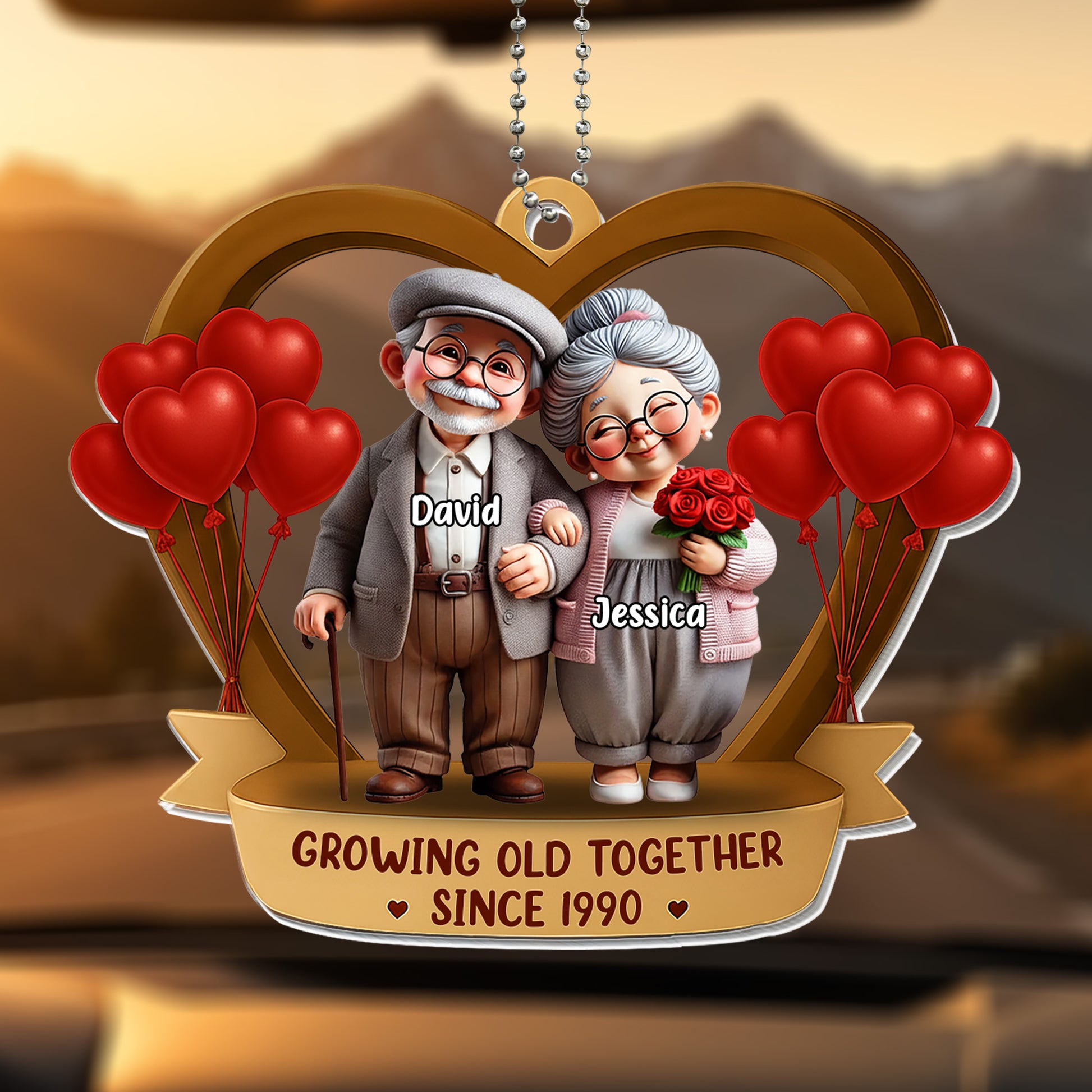 Growing Old Together, Elderly Couple With Hearts And Balloons