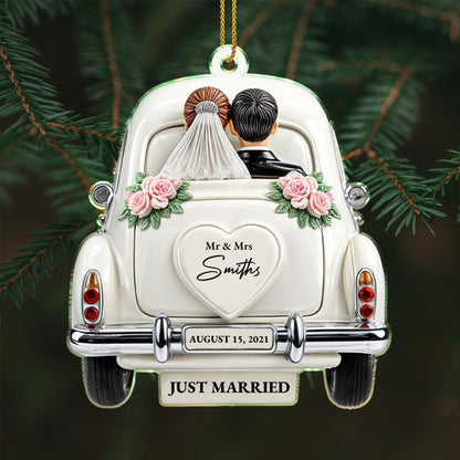 Just Married Newlyweds In Wedding Car