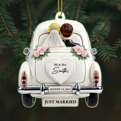 Just Married Newlyweds In Wedding Car