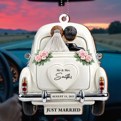 Just Married Celebratory Car Ornament With Roses