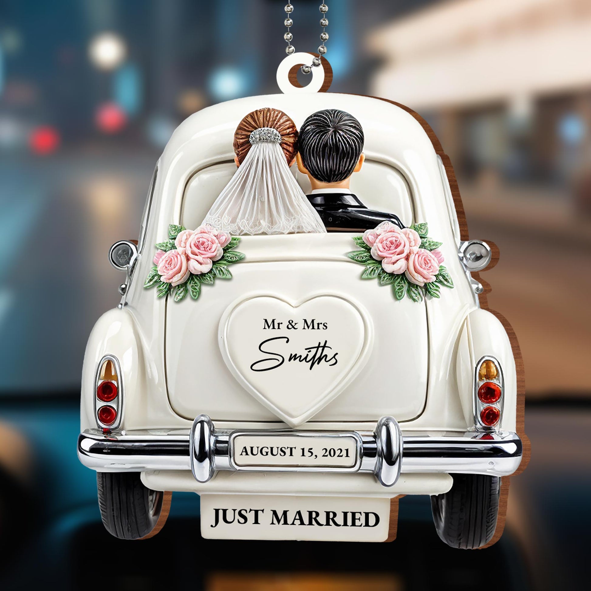 Just Married Celebratory Car Ornament With Roses