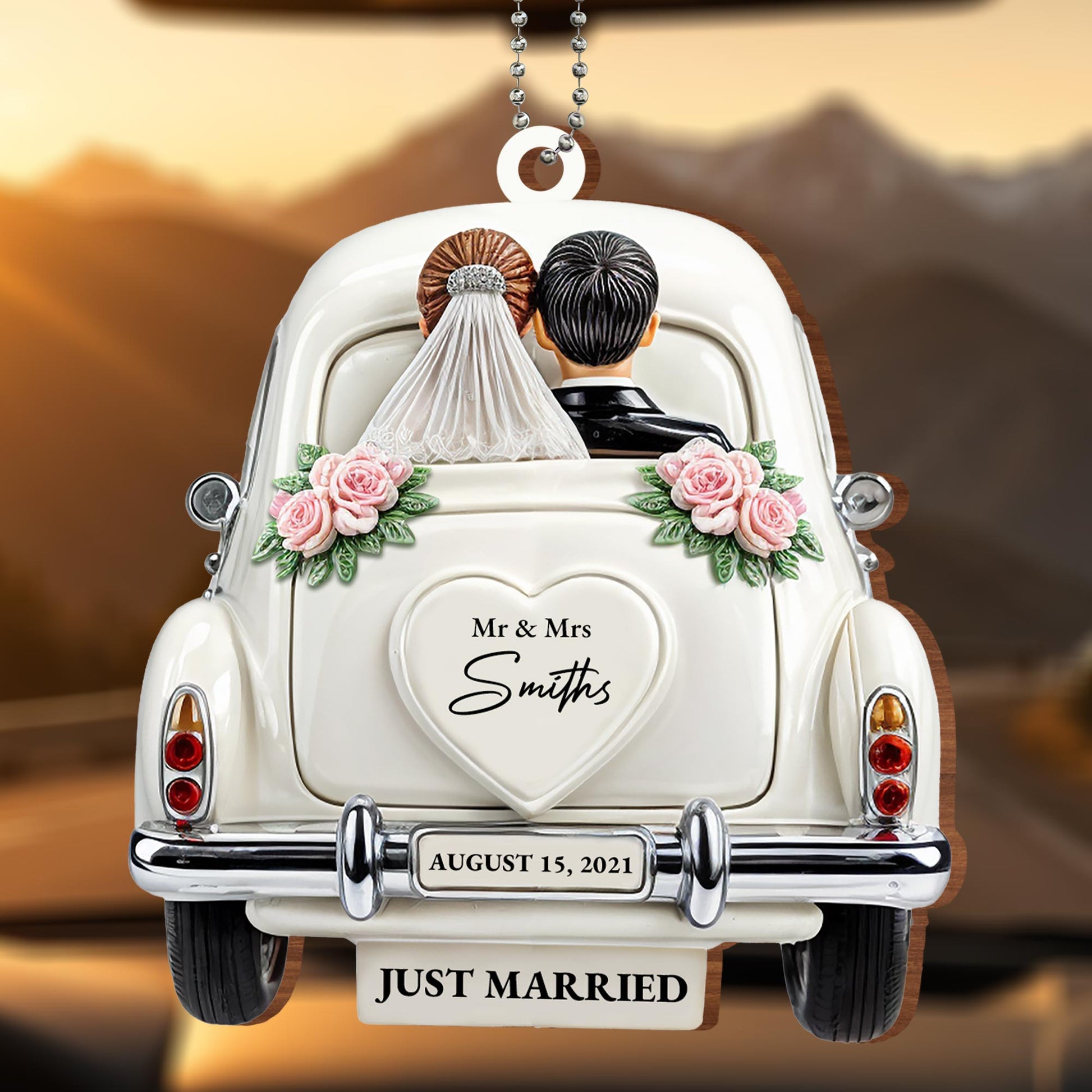 Just Married Celebratory Car Ornament With Roses