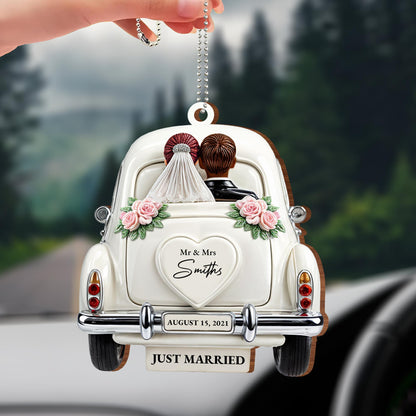 Just Married Celebratory Car Ornament With Roses