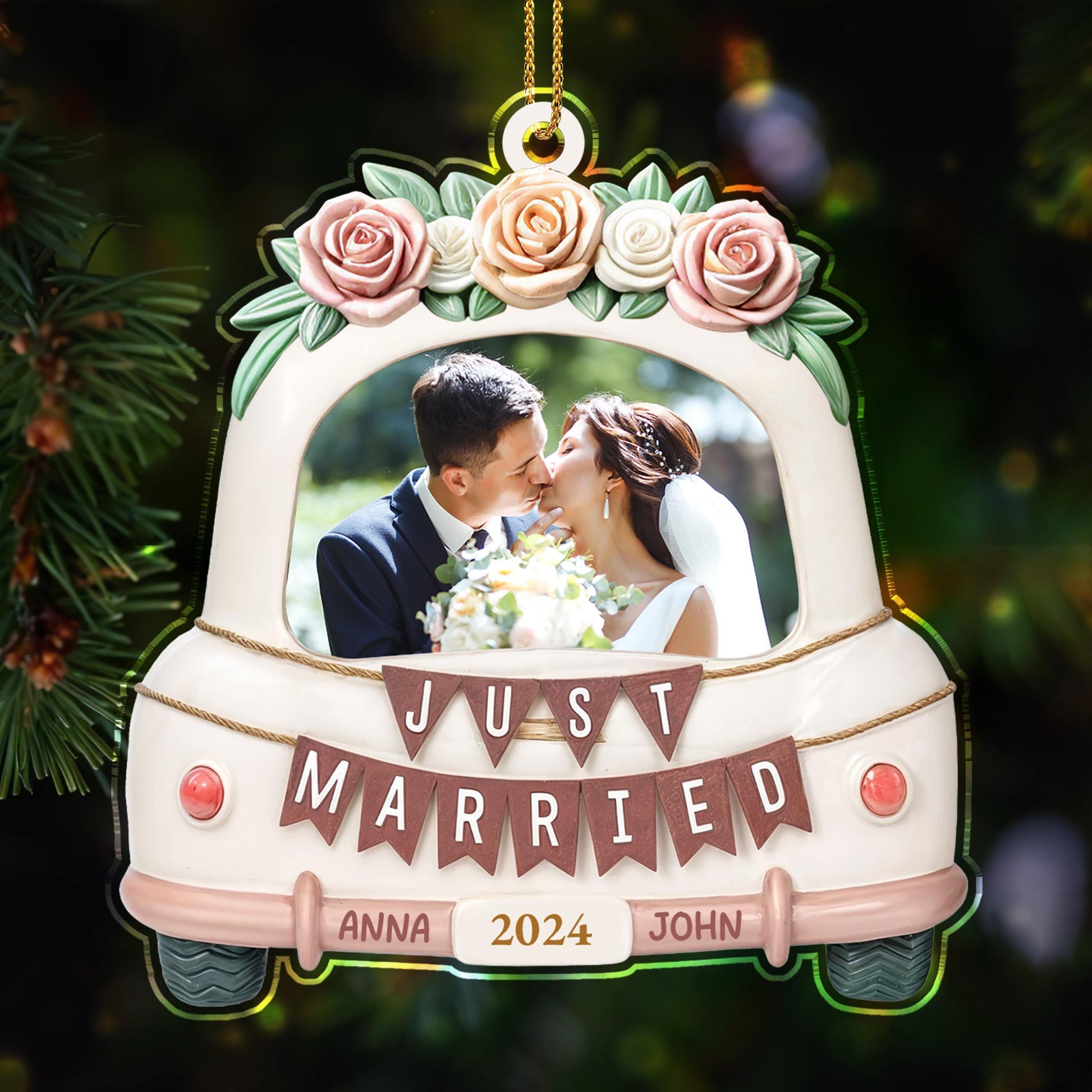 Just Married Wedding Car With Roses Ornament