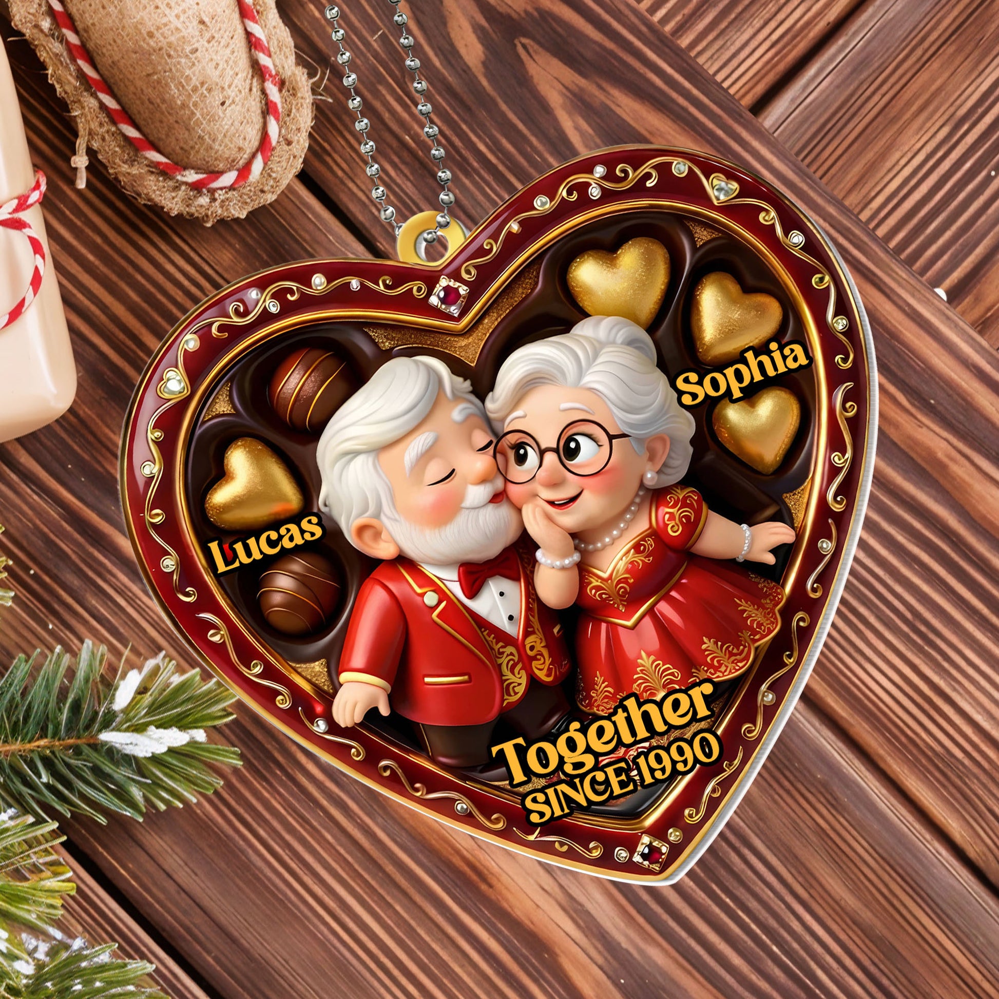 Together Since [Year], Heart Ornament With Elderly Couple
