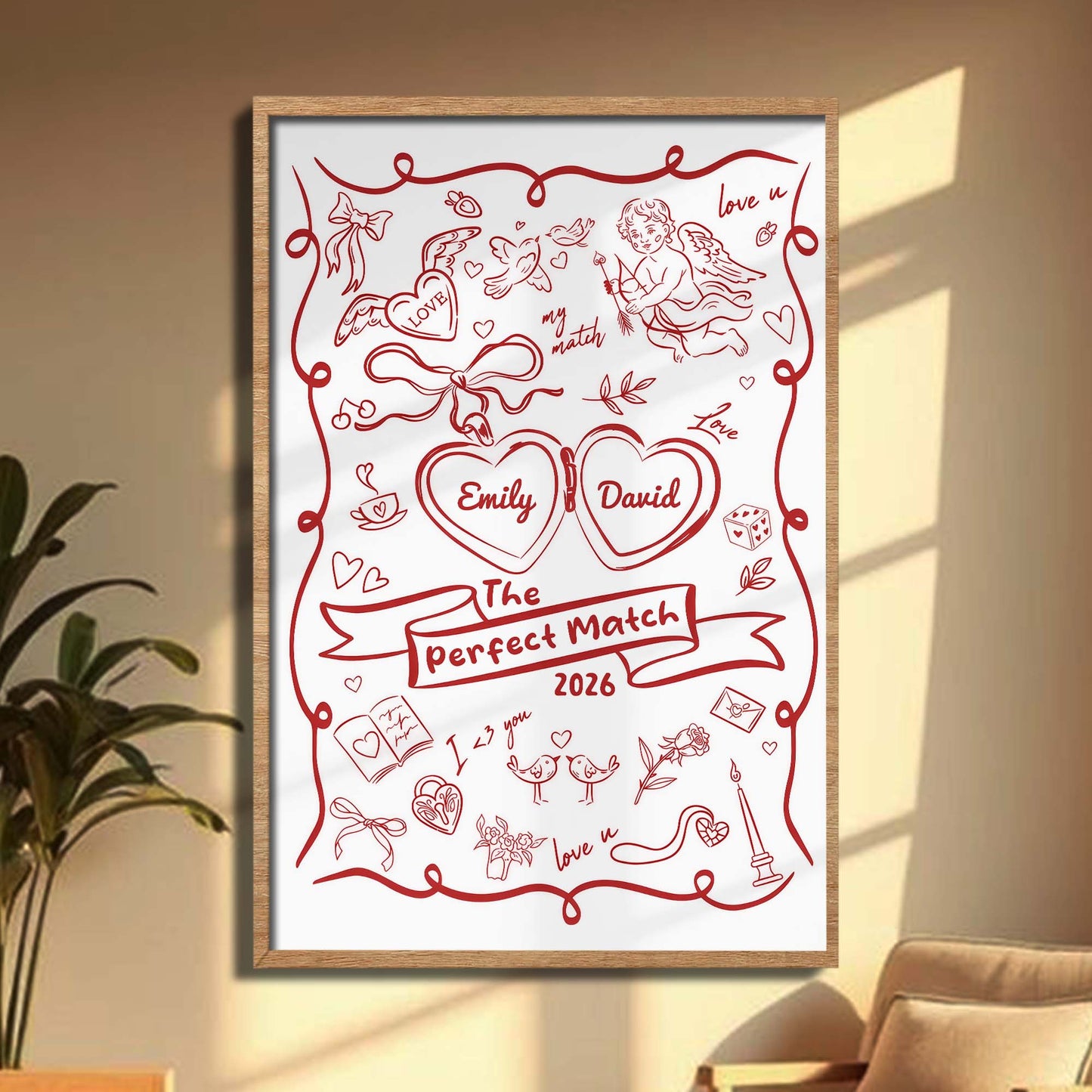 The Perfect Match With Hearts And Cupid Design