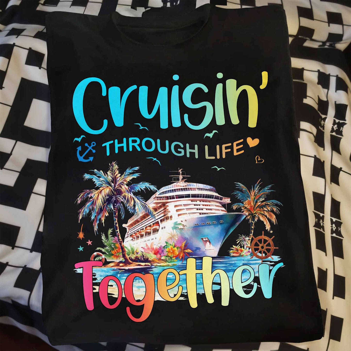 Cruisin' Through Life Together With Cruise Ship And Palm Trees