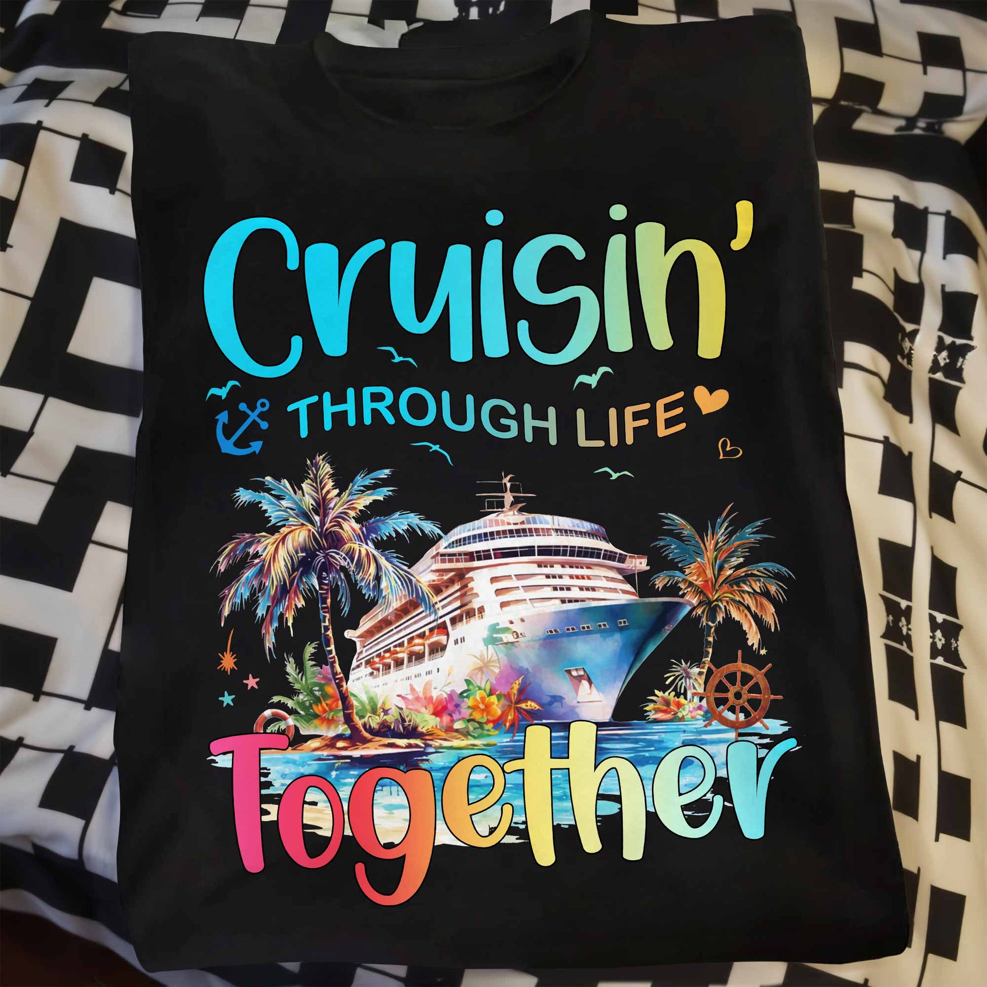 Cruisin' Through Life Together With Cruise Ship And Palm Trees