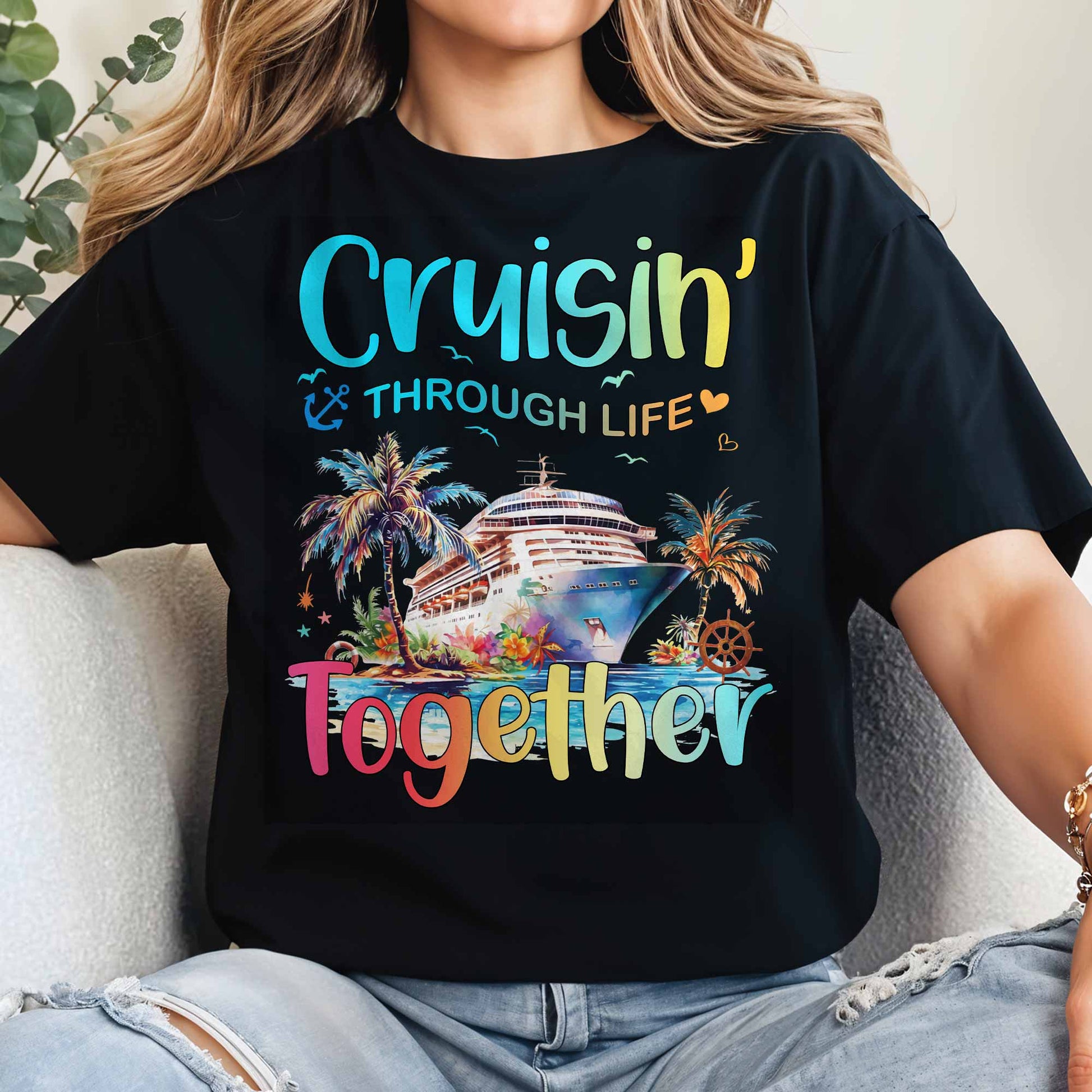 Cruisin' Through Life Together With Cruise Ship And Palm Trees