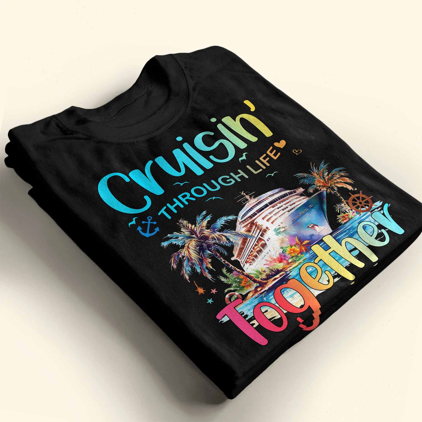 Cruisin' Through Life Together With Cruise Ship And Palm Trees