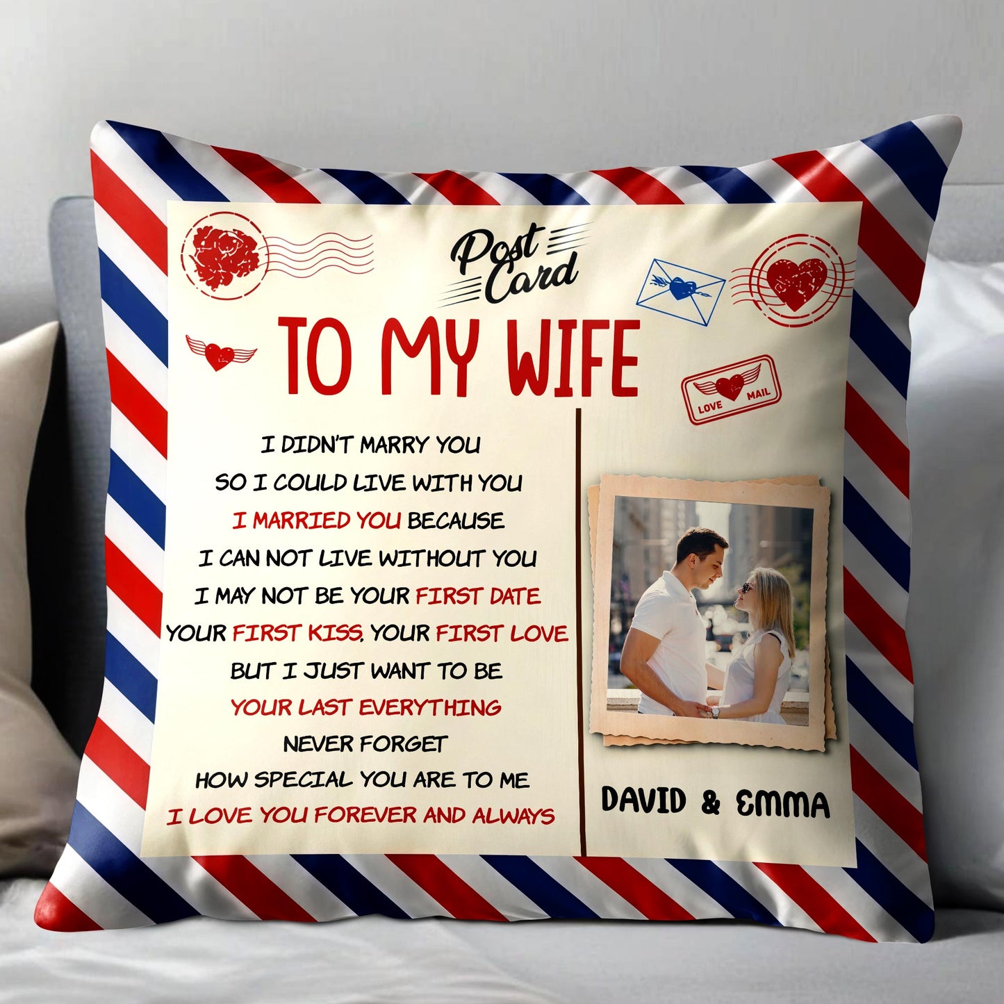 To My Wife, Postcard Design With Stripes And Photo Frame - Personalized Custom Pillow, Insert Included - CPL1287_PLW
