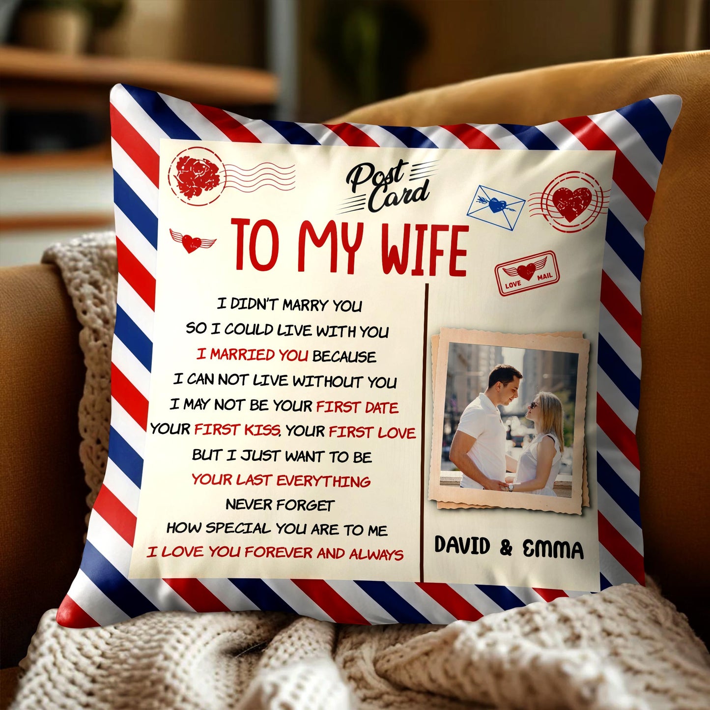 To My Wife, Postcard Design With Stripes And Photo Frame - Personalized Custom Pillow, Insert Included - CPL1287_PLW