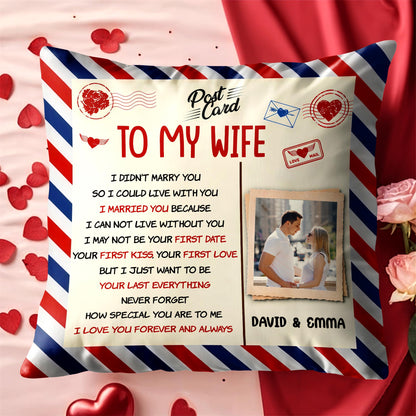 To My Wife, Postcard Design With Stripes And Photo Frame - Personalized Custom Pillow, Insert Included - CPL1287_PLW