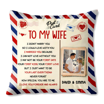 To My Wife, Postcard Design With Stripes And Photo Frame - Personalized Custom Pillow, Insert Included - CPL1287_PLW