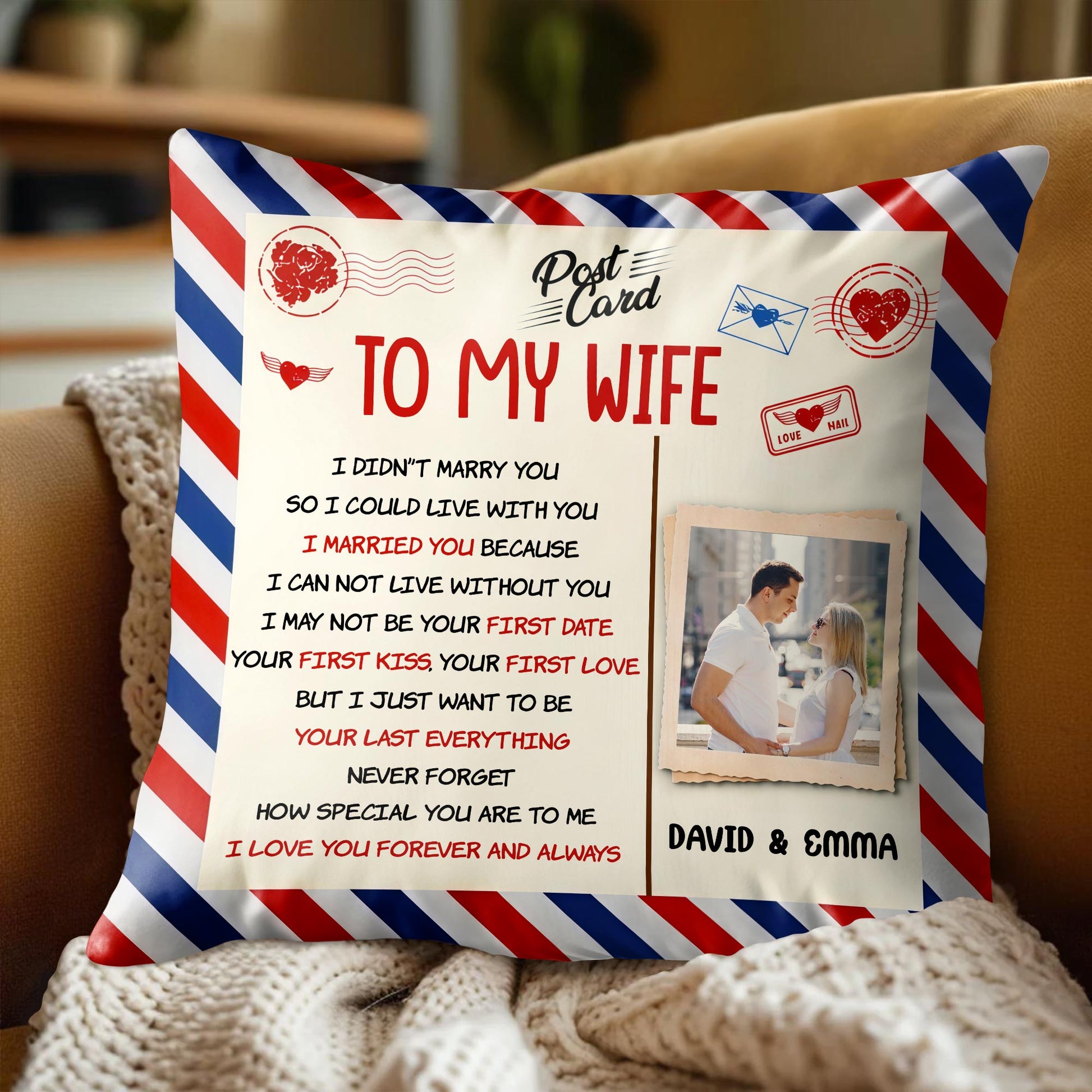 To My Wife, Postcard Design With Stripes And Photo Frame