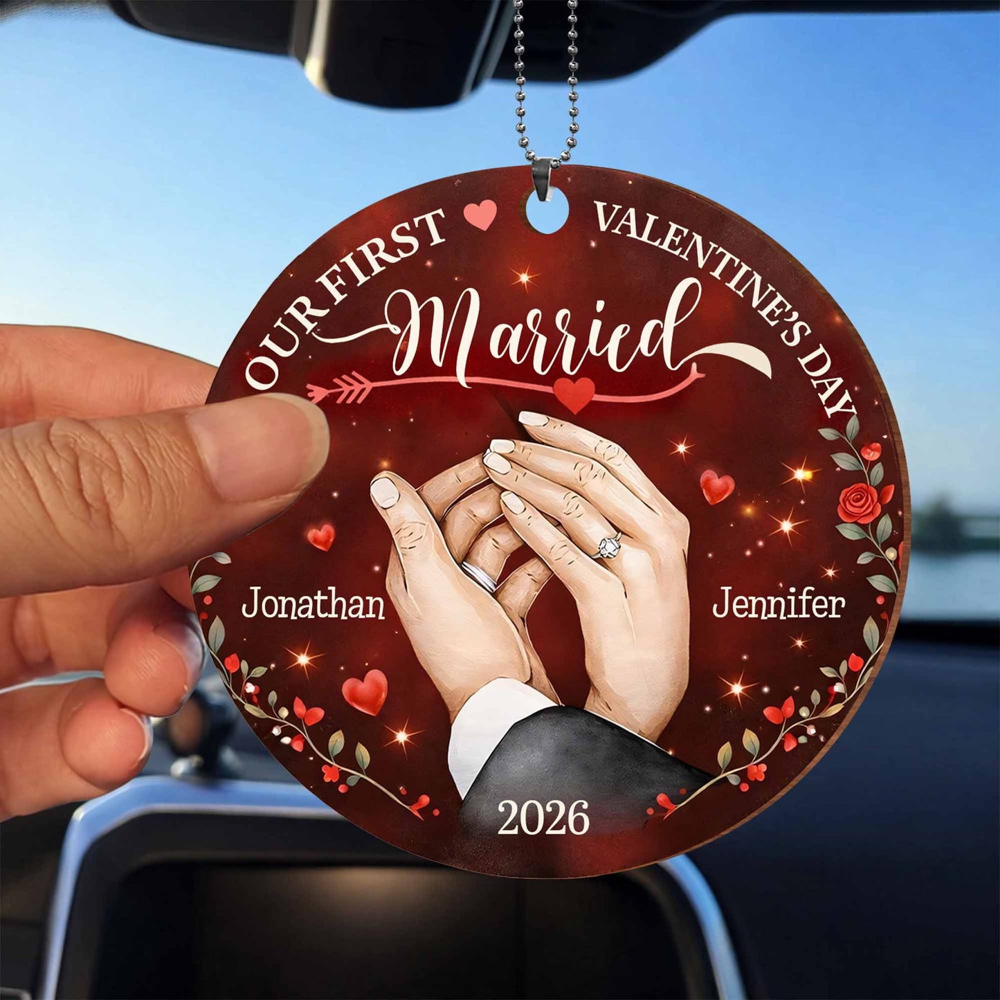 Our First Valentine's Married With Wedding Rings and Roses - Personalized Custom Wood Ornament, Car Hanging Ornament - CPL1301_WCA