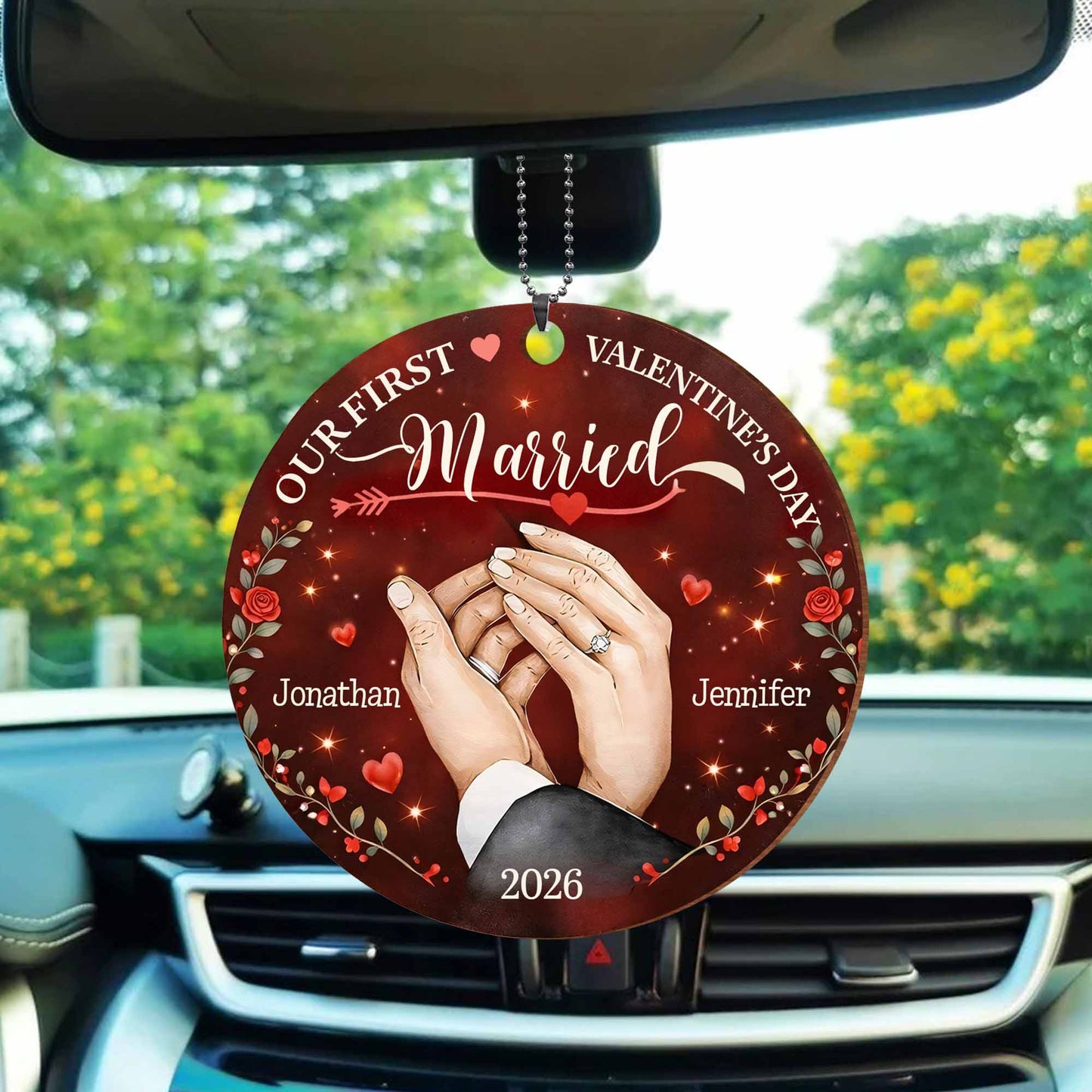 Our First Valentine's Married With Wedding Rings and Roses - Personalized Custom Wood Ornament, Car Hanging Ornament - CPL1301_WCA