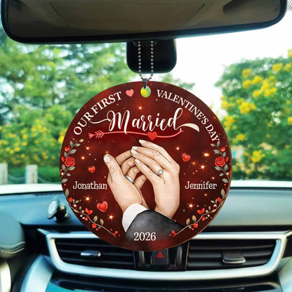 Our First Valentine's Married With Wedding Rings and Roses - Personalized Custom Wood Ornament, Car Hanging Ornament - CPL1301_WCA