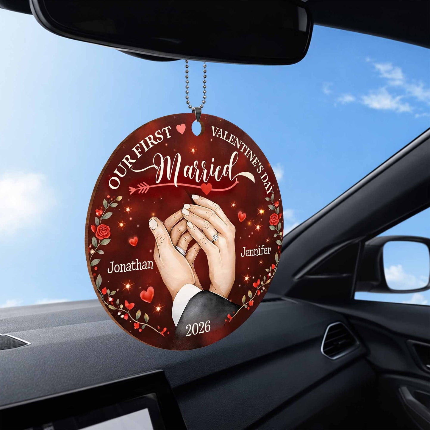 Our First Valentine's Married With Wedding Rings and Roses - Personalized Custom Wood Ornament, Car Hanging Ornament - CPL1301_WCA
