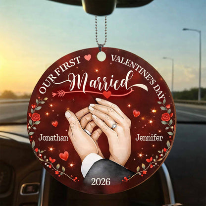 Our First Valentine's Married With Wedding Rings and Roses - Personalized Custom Wood Ornament, Car Hanging Ornament - CPL1301_WCA
