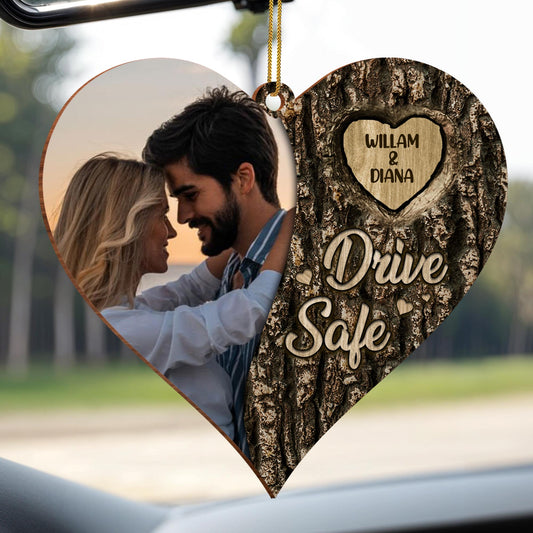 Drive Safe Heart Shaped Custom Wood Ornament