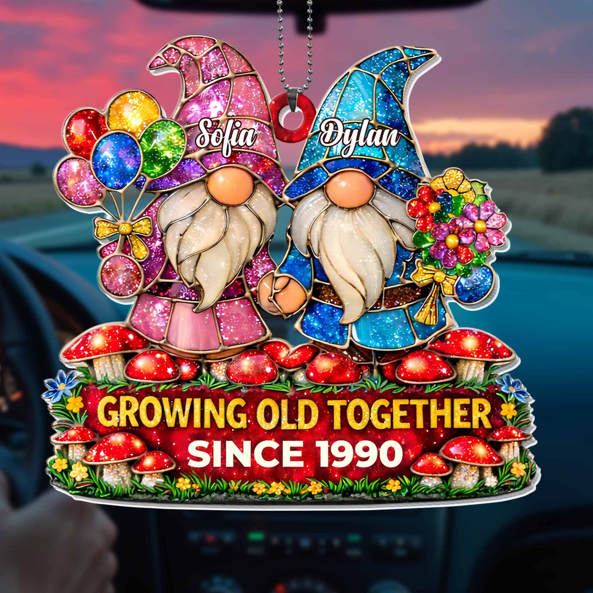 Growing Old Together Gnomes With Balloons And Flowers