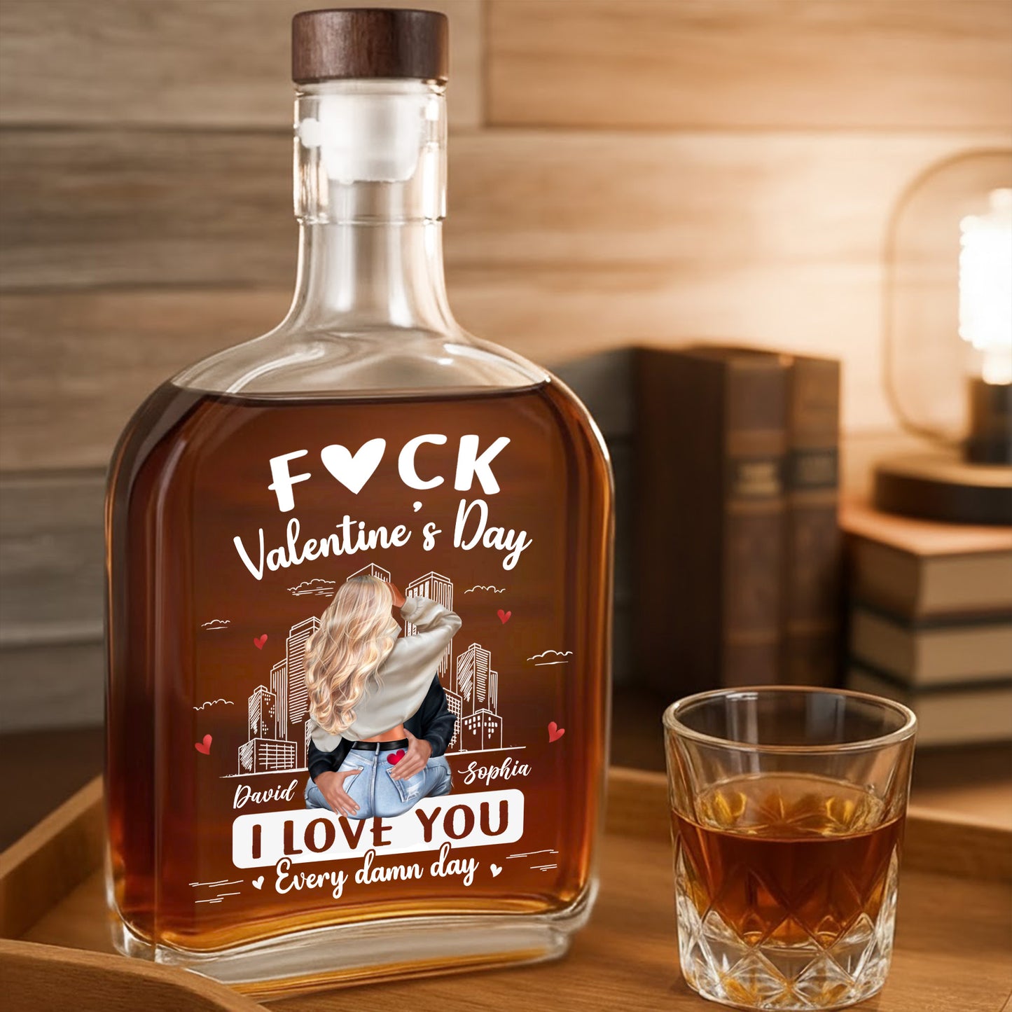 F❤CK Valentine's Day, I Love You, Heart And Cityscape - Personalized Whiskey Bottle - CPL1329_WHIBA