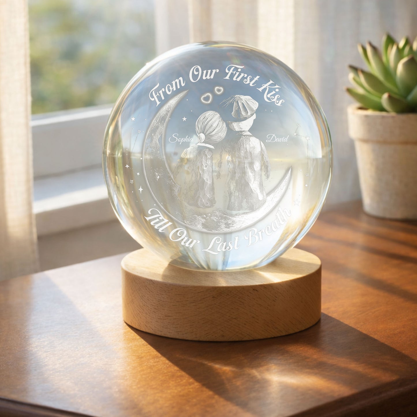 From Our First Kiss Couple Sitting On Moon And Stars - Custom Crystal Globe Lamp - CPL1336_GLAMP