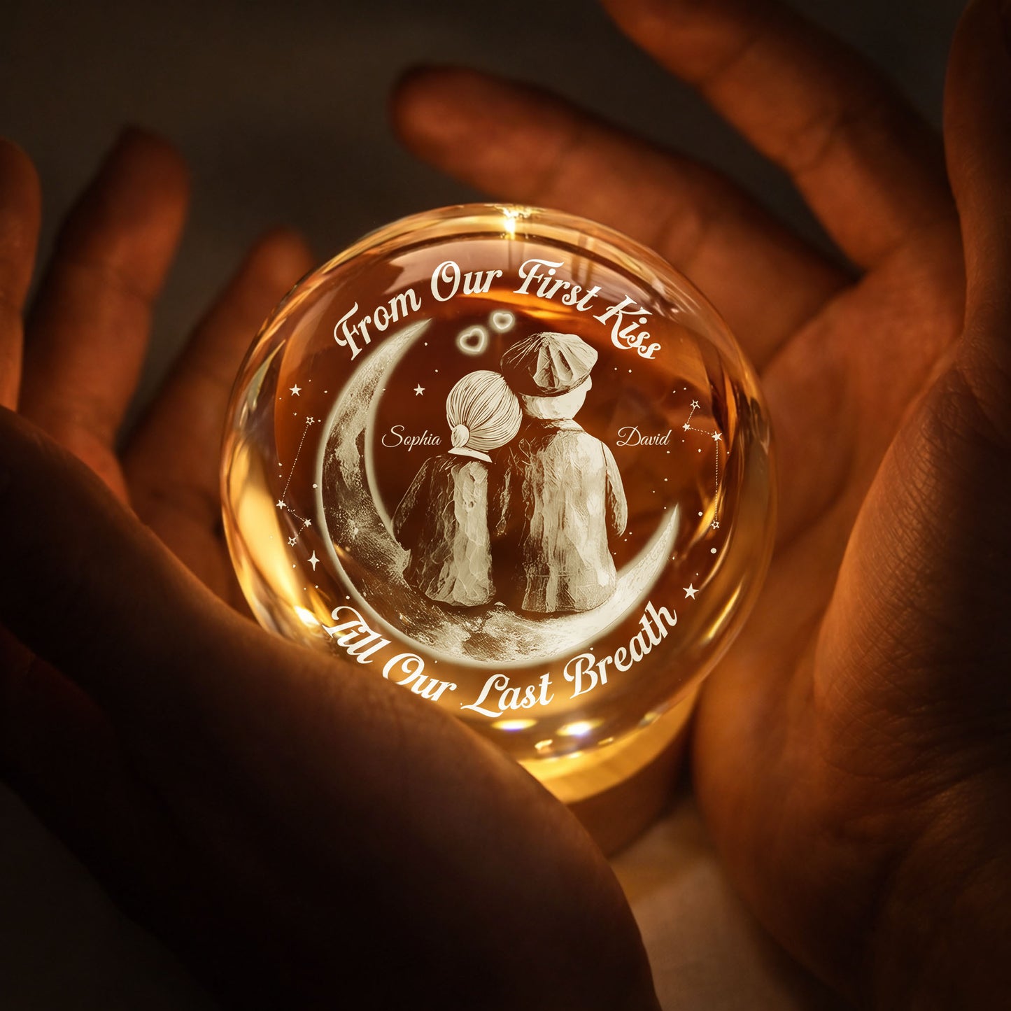 From Our First Kiss Couple Sitting On Moon And Stars - Custom Crystal Globe Lamp - CPL1336_GLAMP