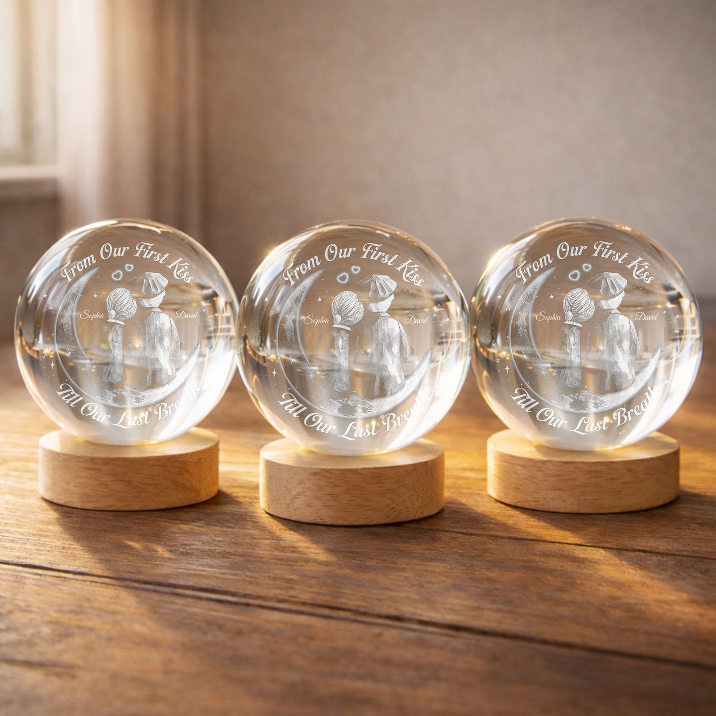 From Our First Kiss Couple Sitting On Moon And Stars - Custom Crystal Globe Lamp - CPL1336_GLAMP