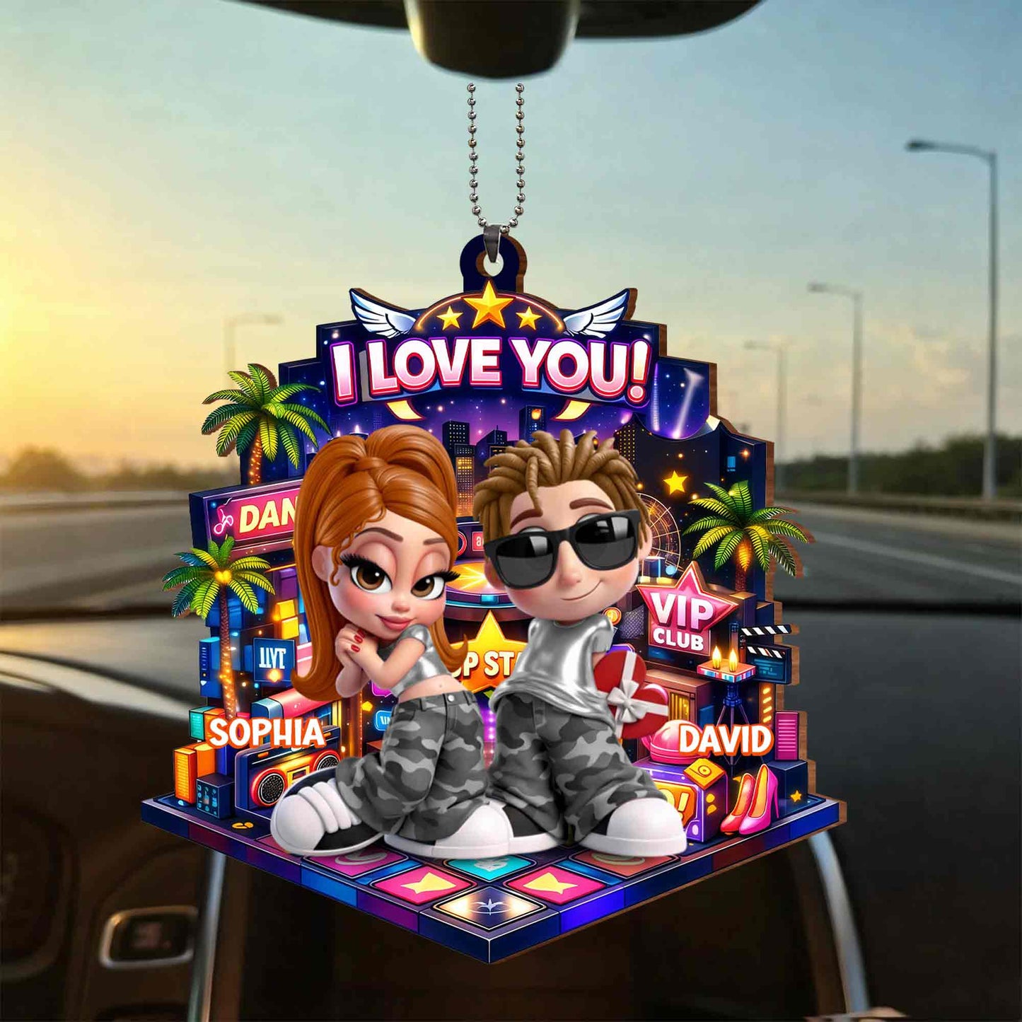 I Love You Couple On Dance Floor With Palm Trees And Stars