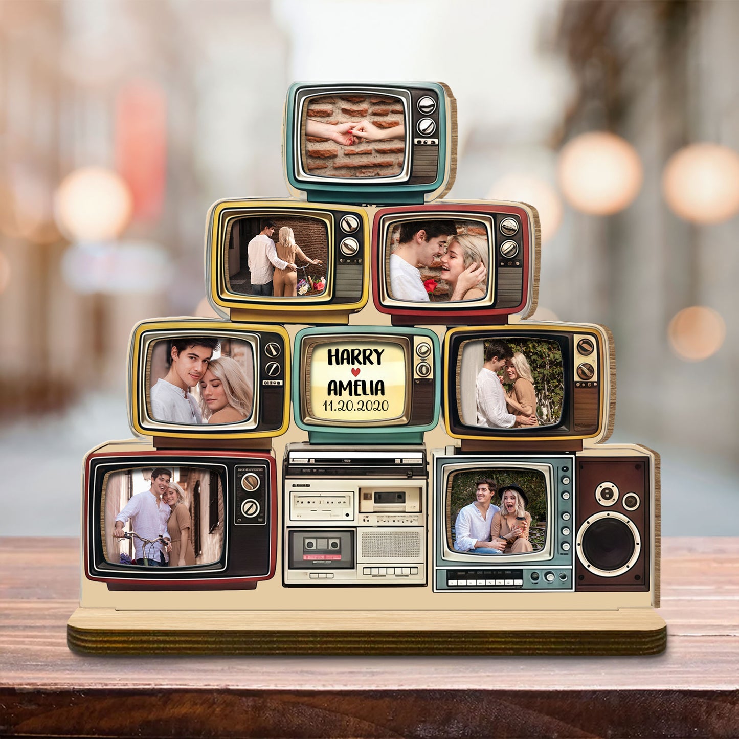 Celebrate Special Memories With Vintage TV Photo Display - Personalized Custom 2-Layer Wood Plaque With Flat Base - CPL1347_WPLA
