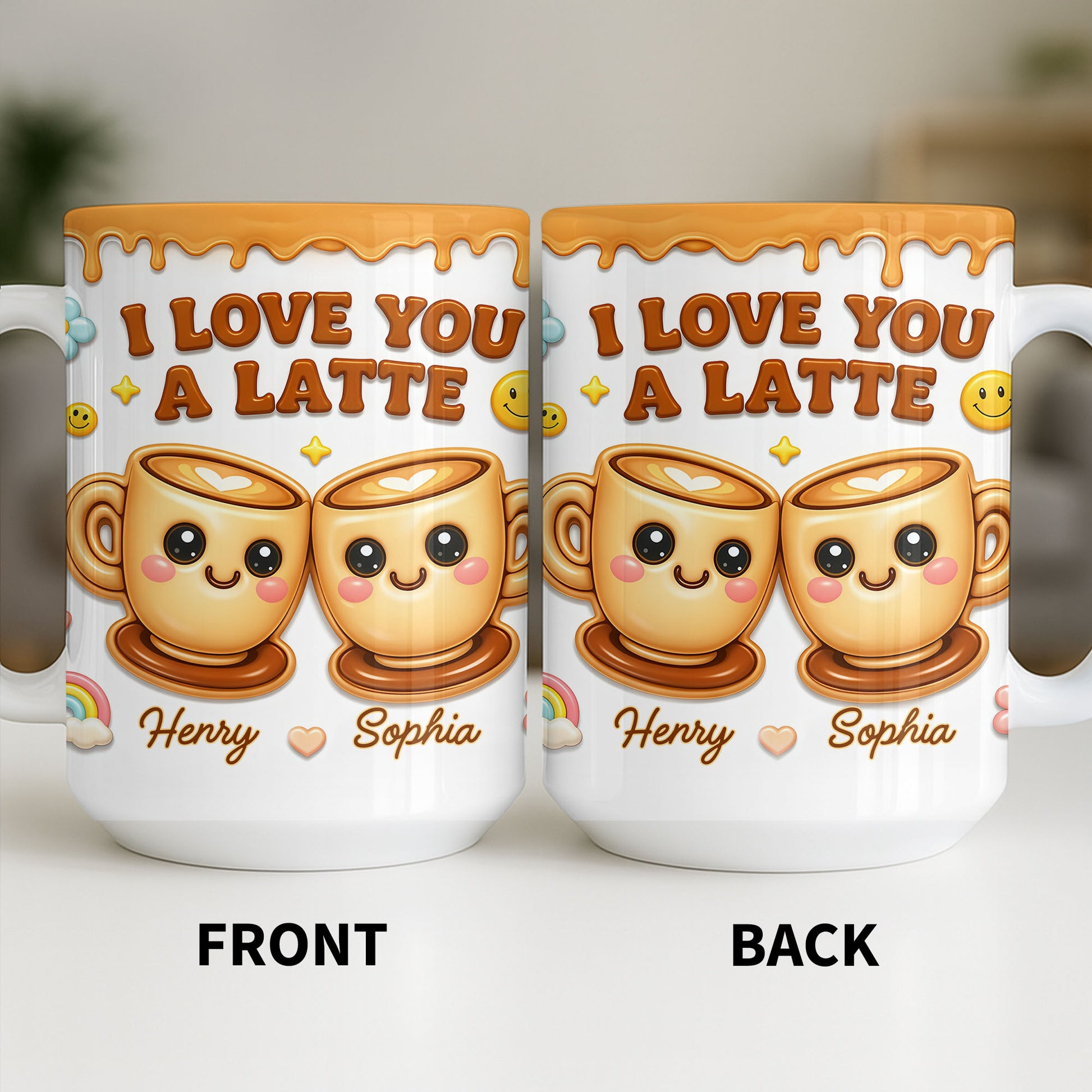 I Love You A Latte With Cute Coffee Cups And Smiley Faces