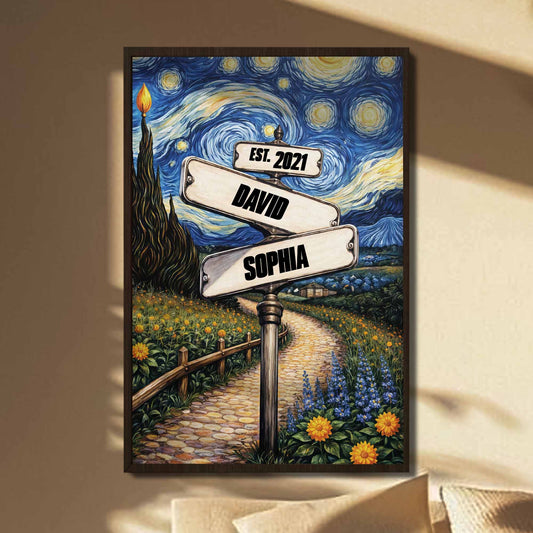 Our Journey Together Under The Starry Night Street Sign And Sunflowers