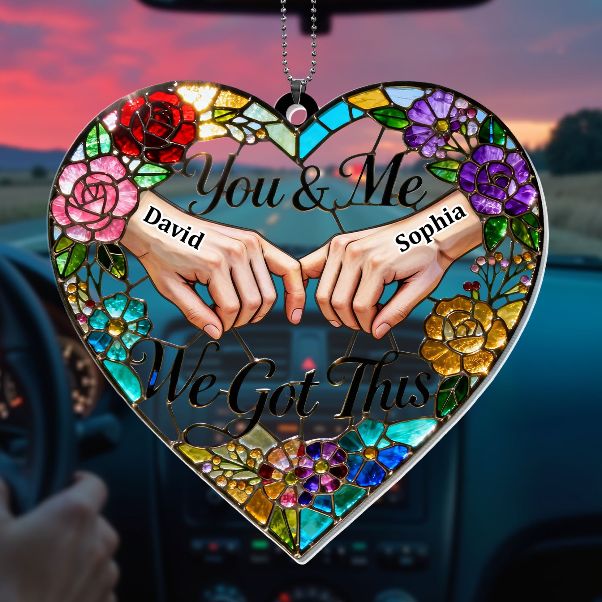 You & Me We Got This Heart Stained Glass Floral Ornament