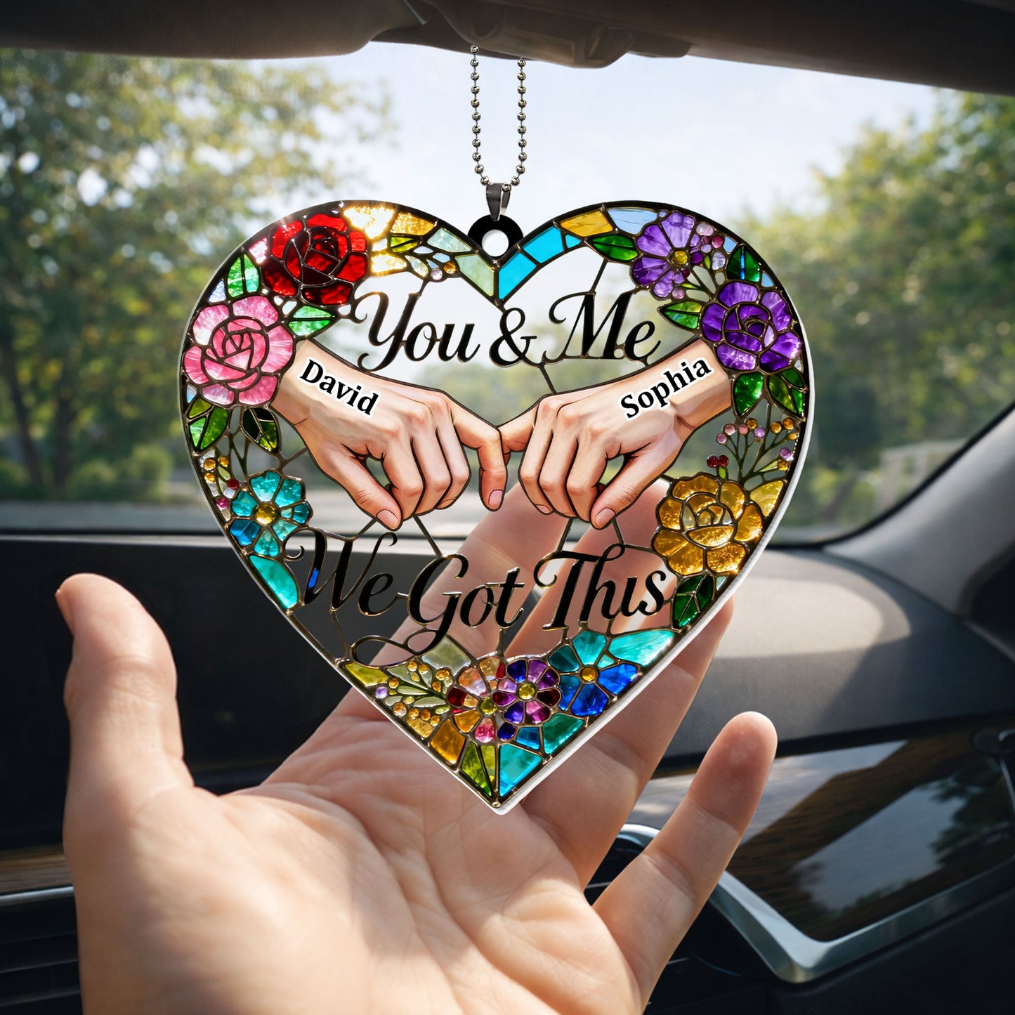 You & Me We Got This Heart Stained Glass Floral Ornament