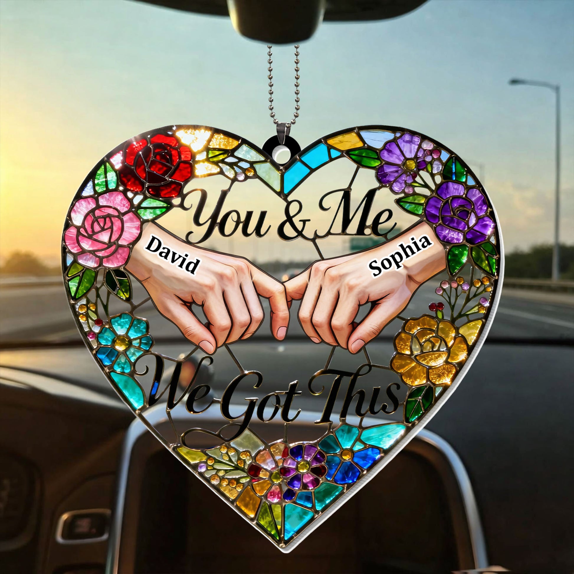 You & Me We Got This Heart Stained Glass Floral Ornament
