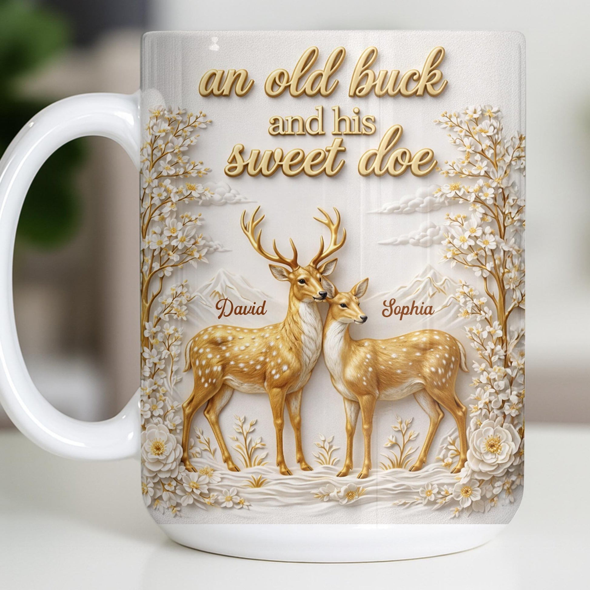 An Old Buck And His Sweet Doe With Deer And Flowers