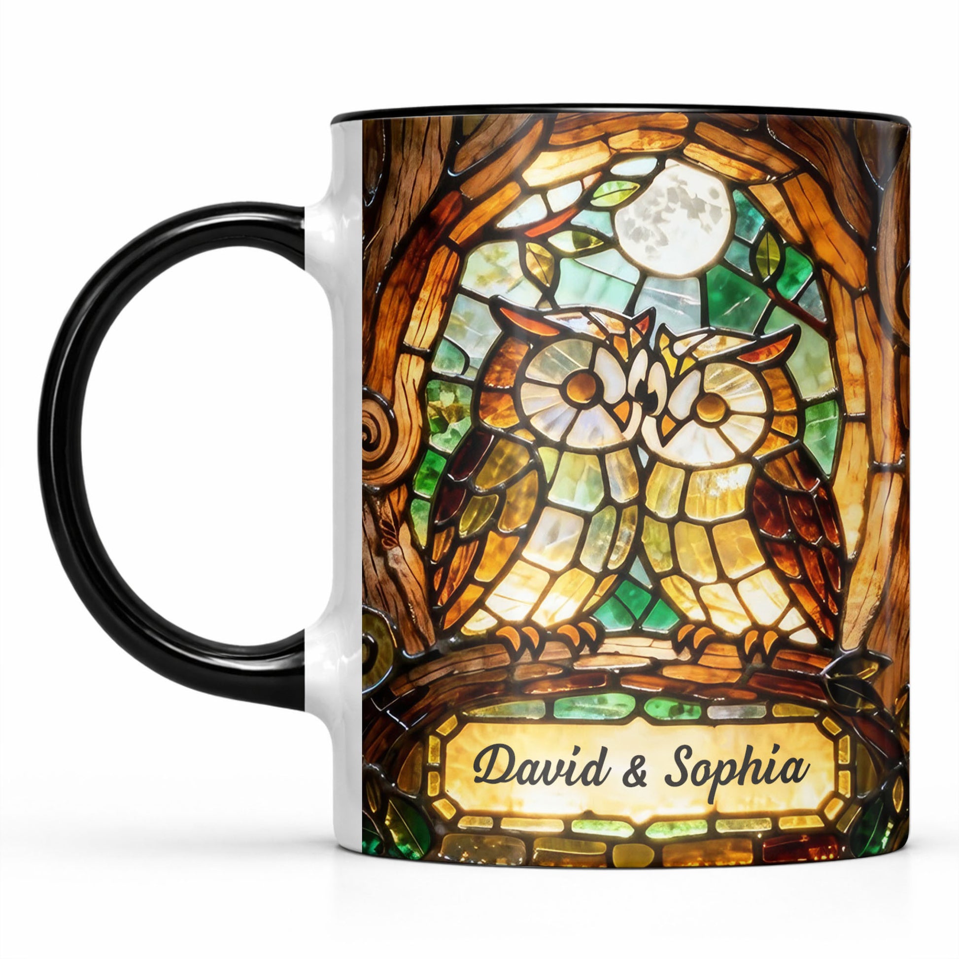 Two Owls In Love Under The Moonlight Stained Glass Design