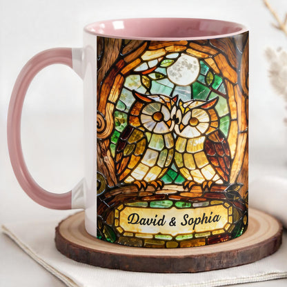 Two Owls In Love Under The Moonlight Stained Glass Design
