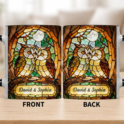 Two Owls In Love Under The Moonlight Stained Glass Design