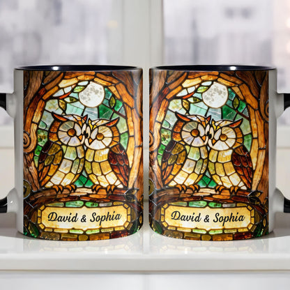Two Owls In Love Under The Moonlight Stained Glass Design