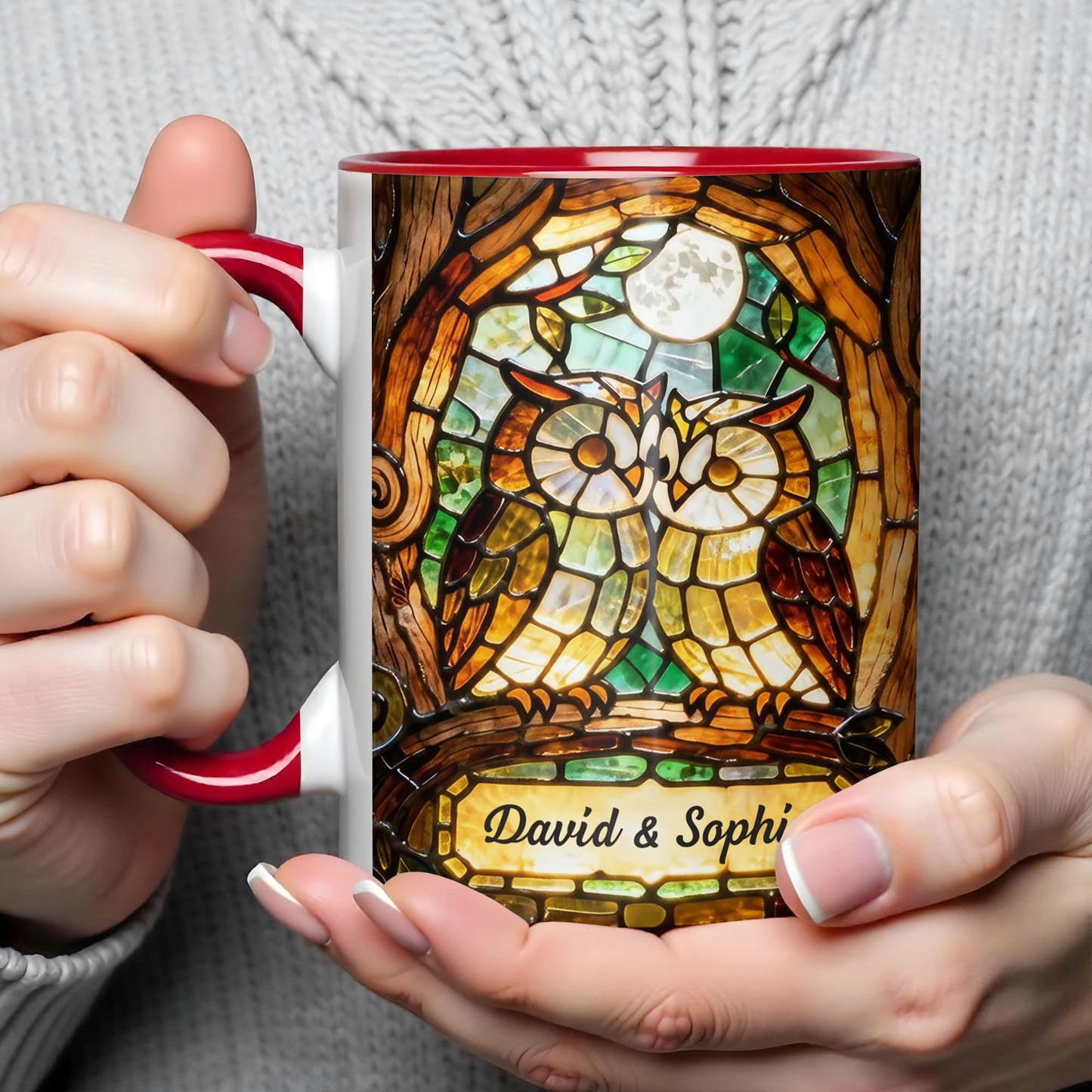 Two Owls In Love Under The Moonlight Stained Glass Design