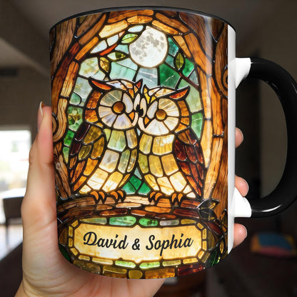 Two Owls In Love Under The Moonlight Stained Glass Design