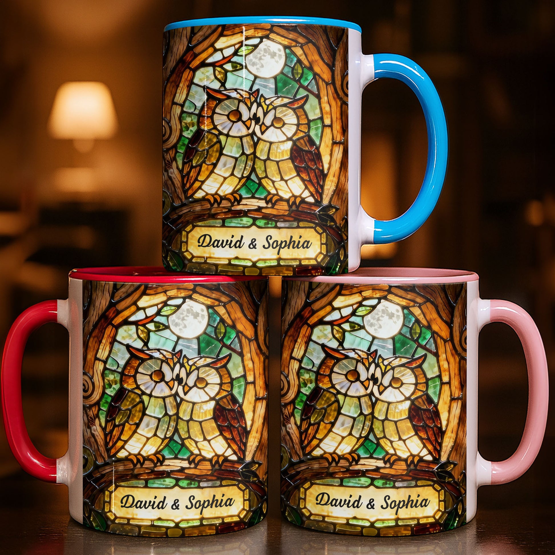 Two Owls In Love Under The Moonlight Stained Glass Design