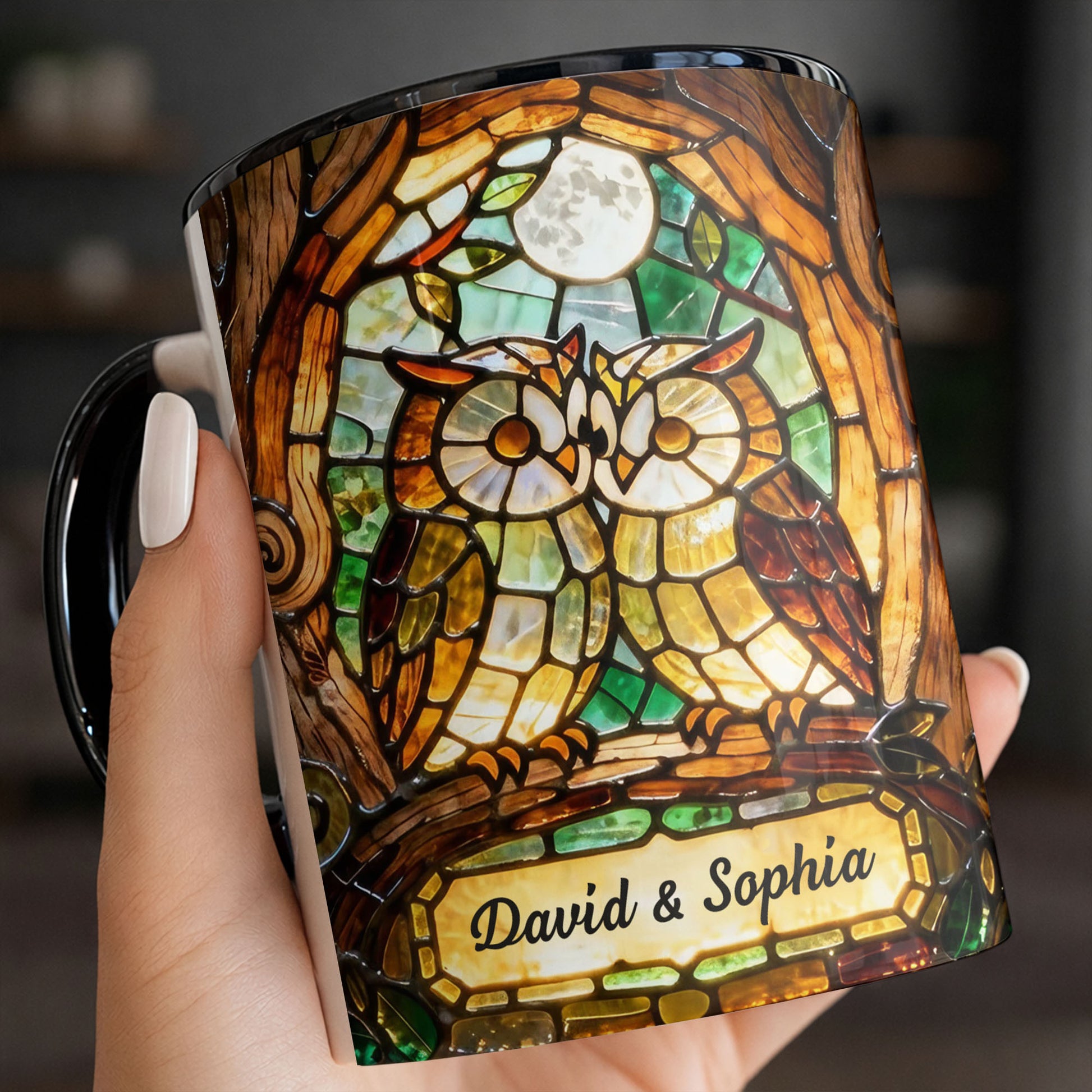 Two Owls In Love Under The Moonlight Stained Glass Design